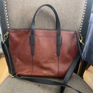 Fossil Skylar Satchel Top Handle Bag Brown Leather Black Suede Accent